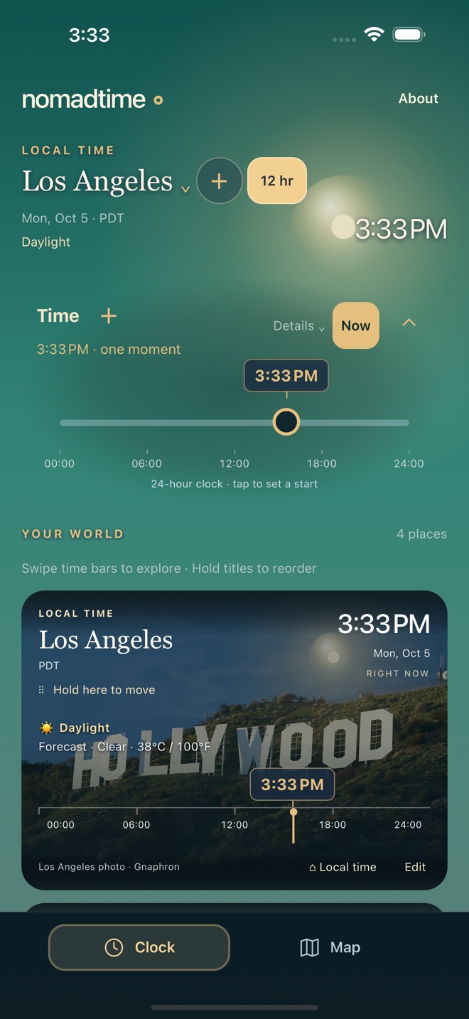 NomadTime's teal world clock, gold 24-hour timeline, and photographic Los Angeles clock